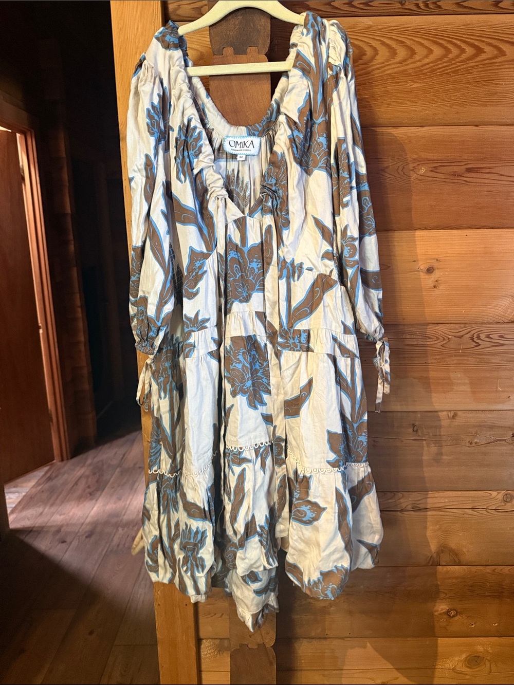 Omika Cream Long Sleeve Floral Tiered Dress with Blue and Brown Print